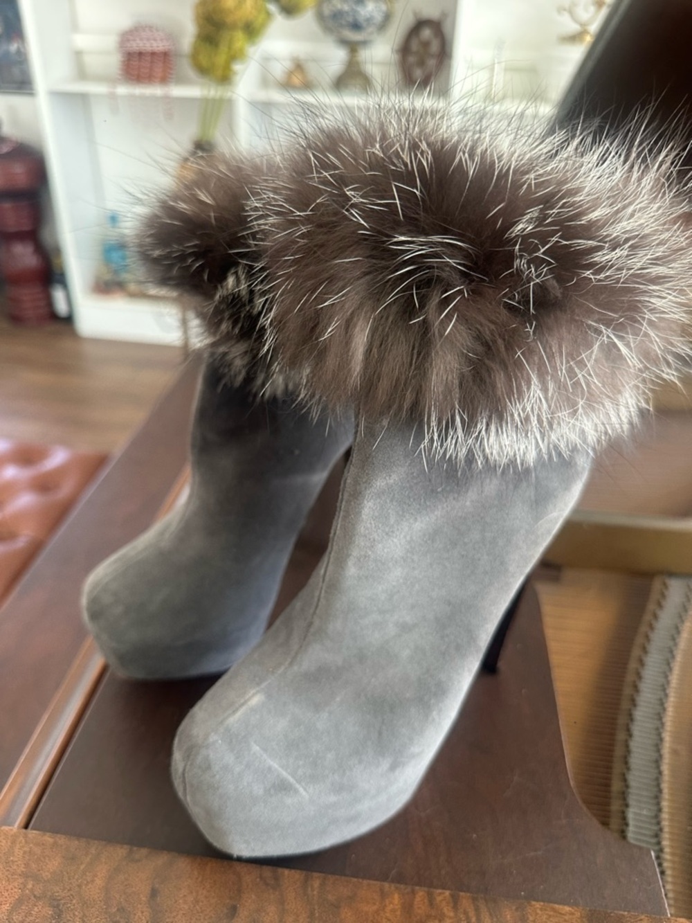 Lux Fur Cuff Suede Stiletto Bootie - Gray - Picture 3 of 6